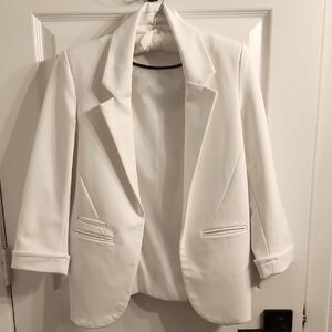 Elegant White Women's Blazer Cropped Sleeves